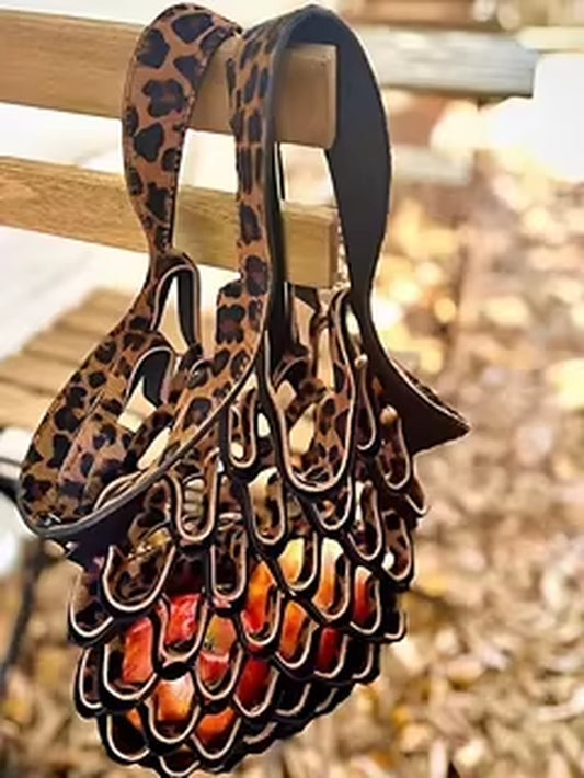 Vintage PU Leather Folding Tote Bag Outdoor Portable Hollow Mesh Bag Unique Cut-Out Market Bag Women Handbag Shoulder Bag