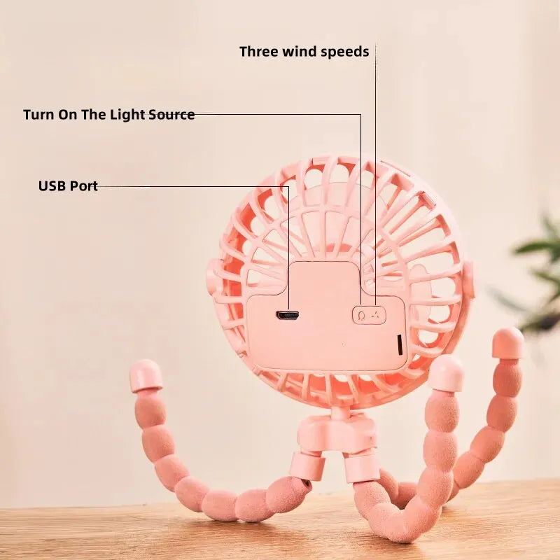 Versatile Portable Baby Stroller with USB Rechargeable Octopus Mini Fan for Students