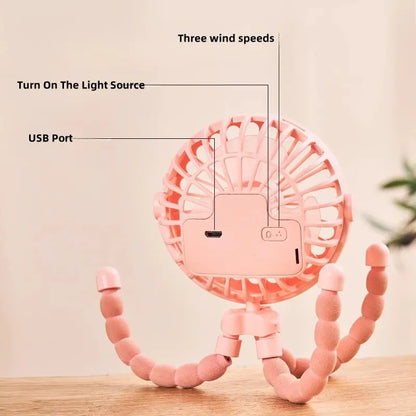 Versatile Portable Baby Stroller with USB Rechargeable Octopus Mini Fan for Students